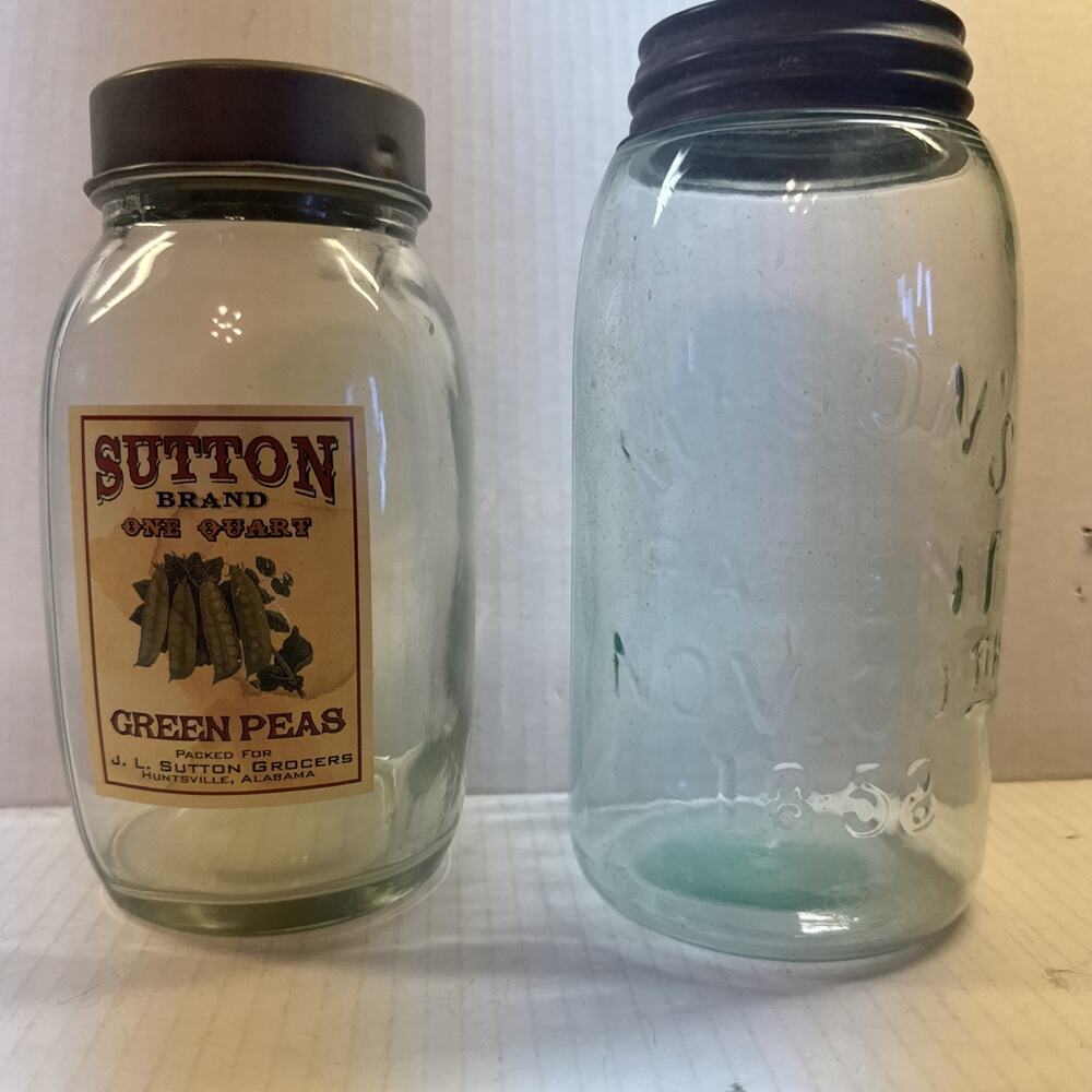 VTG Mason Jar Light Aqua tint 1858 Patent & Sutton Green Peas Label Jar Farmhous